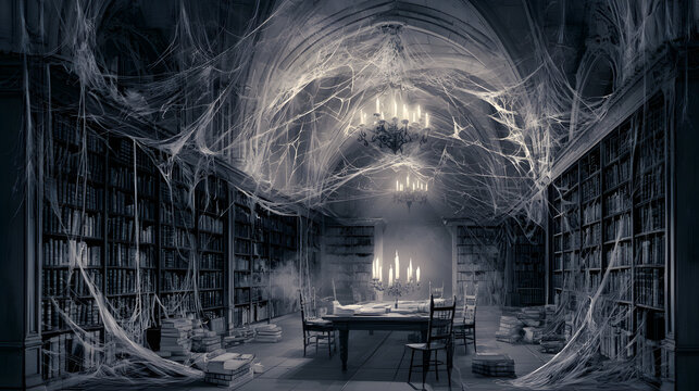 Halloween wallpaper, old library with cobwebs and dim candlelight by a flickering candle glow, gothic and mysterious charm, ghostly grey and white tones, watercolor illustration style