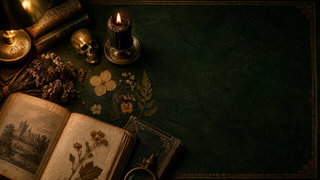 Vintage dark academia still life with skull and candle, moody gothic desk background with old books and dried flowers, mystical alchemy workspace