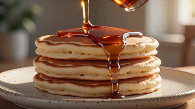 Delicious golden maple syrup pouring over a tall stack of warm, fluffy pancakes for breakfast