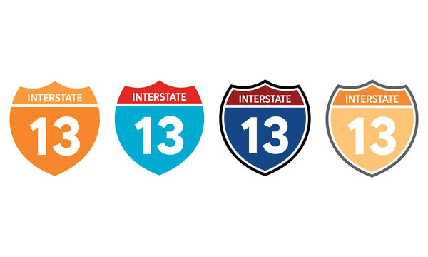 Set of four colorful interstate highway thirteen road signs isolated on a white background.