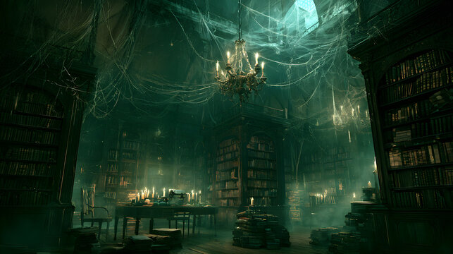 Halloween wallpaper, old library with cobwebs and dim candlelight on a quiet October night, eerie and chilling atmosphere, eerie green and black palette