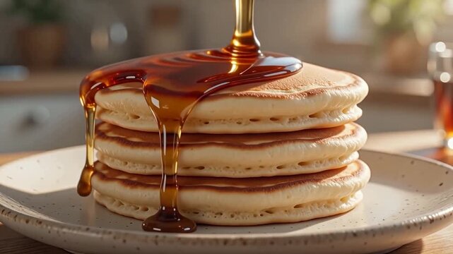 Delicious golden maple syrup pouring over a tall stack of warm, fluffy pancakes for breakfast