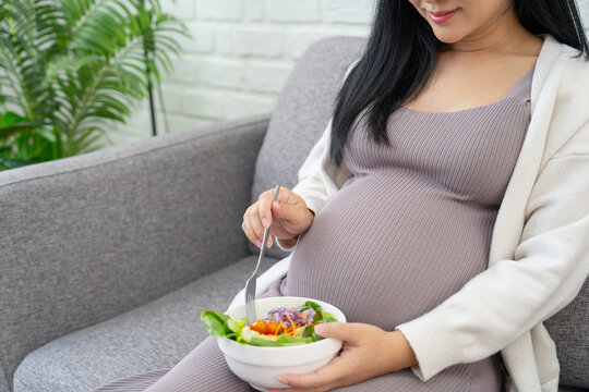 Beautiful pregnant Asian woman is holding a bowl of salad. The expectant mother eats a vegetable salad sitting on a sofa near the window in her home.