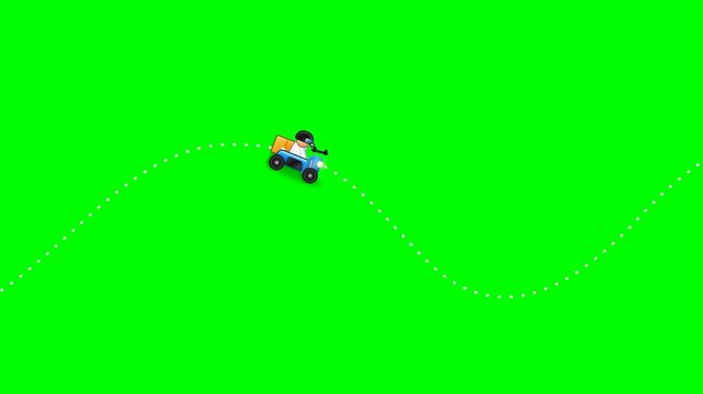 Food delivery scooters driving on dotted paths over green screen