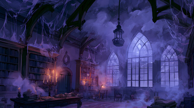 Halloween wallpaper, old library with cobwebs and dim candlelight under a stormy night sky, ghostly cold mist in the air, shadowy violet and black palette