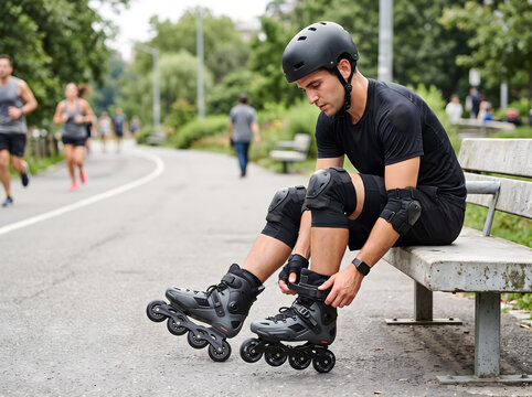 Inline Skater Tightening Skate Buckles Before Training