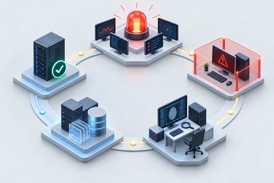 Cybersecurity incident response workflow in isometric view