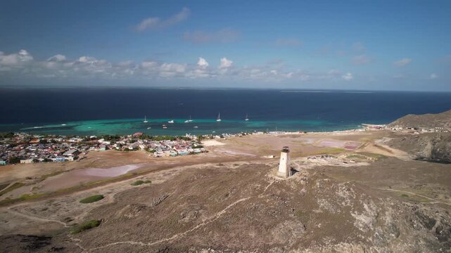 Aerial view of Gran Roque lighthouse in Los Roques, Venezuela.