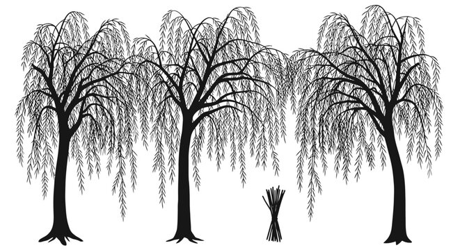 Three weeping willow trees and a bundle of sticks