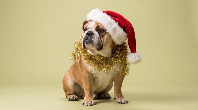 A tan and white bulldog wearing a red Santa hat and gold tinsel garland sits against a soft yellow background. The dog has a serious, slightly grumpy expression.