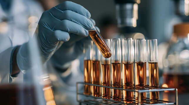 Gloved hands setting sample tubes into a steel rack