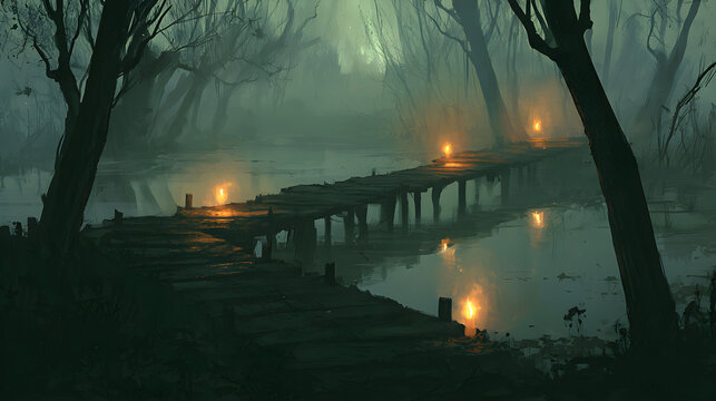Halloween wallpaper, old wooden bridge over a misty swamp by a flickering candle glow, haunting orange glow, eerie green and black palette, watercolor illustration style, perfect for desktop wallpaper
