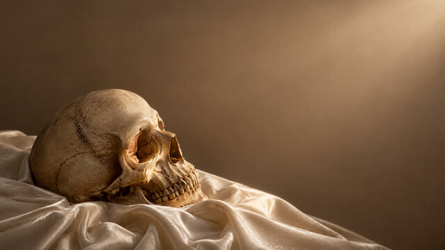 Ancient human skull on silk fabric, dramatic vanitas still life with cinematic lighting, weathered bone anatomy on satin textile background