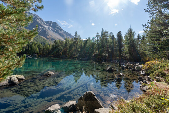 Turquoise waters of Lagh da Saoseo in the Engadin Alps surrounded by autumn nature, creating a peaceful, almost surreal scenery symbolizing mindfulness, clarity, letting go and inner calm.