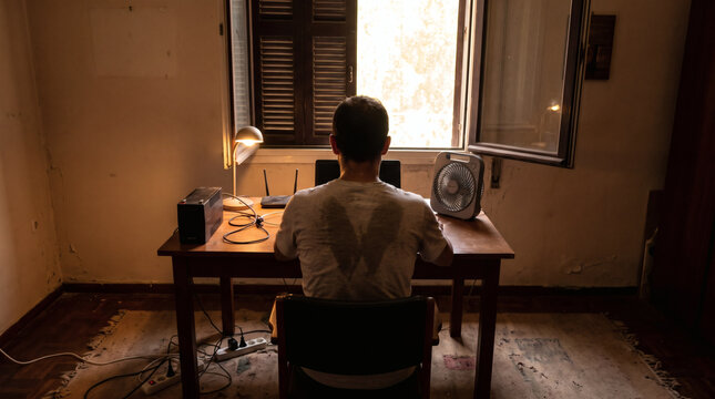 Sweaty man working on laptop with ups battery backup and desk fan during summer power outage and heatwave in hot climate home