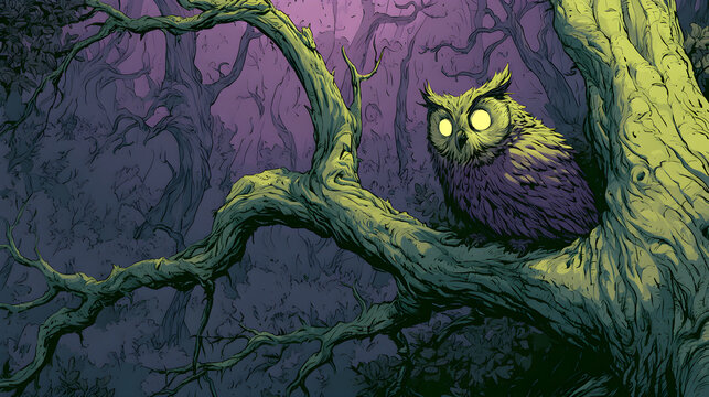 Halloween wallpaper, owl perched on a crooked branch at night on a quiet October night, flickering shadows everywhere