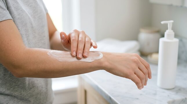 A woman spreading white moisturizing cream on her arm during her daily bathroom skincare routine.