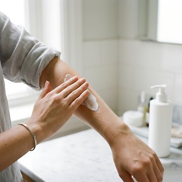 Daily skincare routine showing a person applying moisturizing lotion to forearm skin in a bathroom.