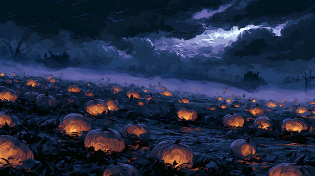 Halloween wallpaper, pumpkin patch under a stormy sky on a foggy autumn night, warm pumpkin glow against dark night, shadowy violet and black palette