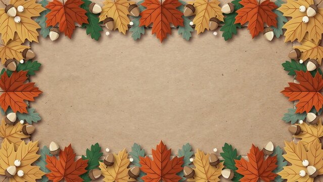 Decorative autumn frame with paper cut maple leaves and acorns on a textured brown paper background