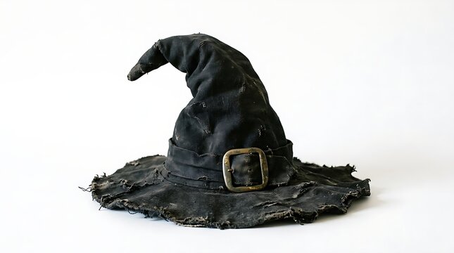 A tattered black pointed witch hat with buckle isolated on a solid white backdrop for Halloween assets.