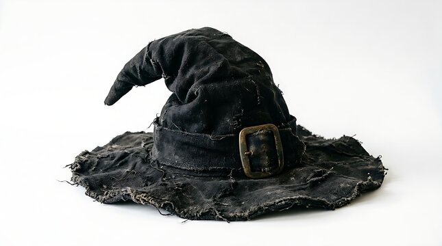 Aged black witch hat with a metallic buckle isolated on white background for spooky holiday designs.