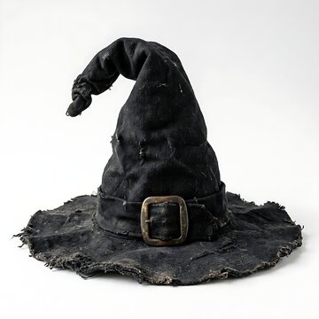 Distressed black witch hat with tattered edges and brass buckle isolated on a plain white background.