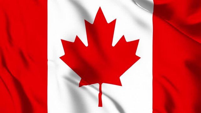 Waving Flag of Canada Featuring Red Maple Leaf Symbol on White Square and Red Vertical Side Bands national