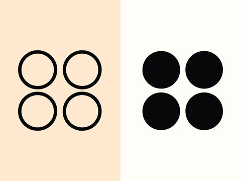 Set of four black outlined circles and four solid black circles geometric shapes