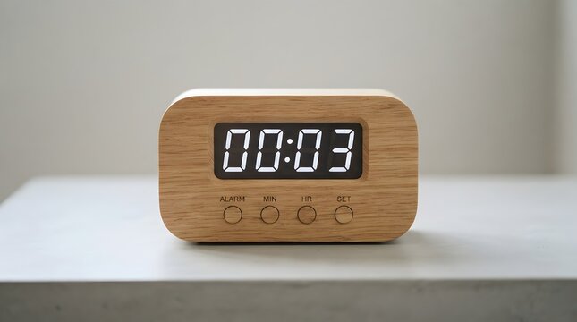 Modern wooden digital alarm clock displaying time on a white table in a bedroom