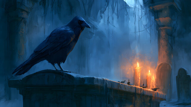 Halloween wallpaper, raven perched on a gravestone inside a dusty haunted hallway, creepy candlelit ambiance, moody dark blue and orange palette, watercolor illustration style, rich moody textures