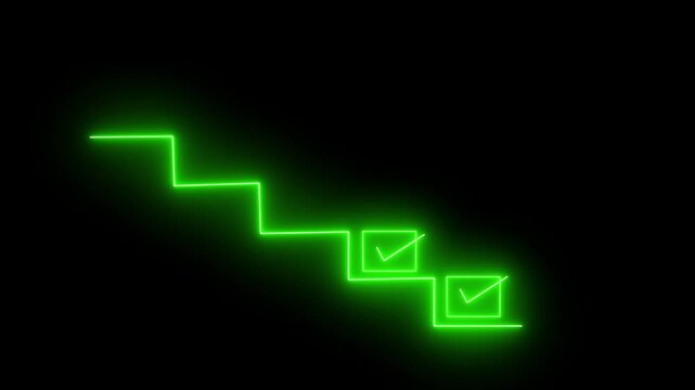 glowing neon Achievement Pathway, digital checklist with glowing badge, symbolizing goal completion and success in a business setting, coach the way of setting goals, objectives and success  4k video.