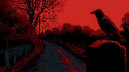 Obraz premium Halloween wallpaper, raven perched on a gravestone along a dark country road, gothic and mysterious charm, deep red and black tones, vintage horror poster style, crisp sharp focus
