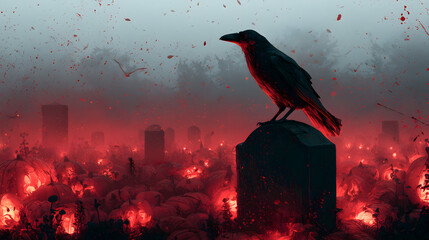Obraz premium Halloween wallpaper, raven perched on a gravestone in a glowing jack-o-lantern field, ghostly cold mist in the air, blood red and charcoal palette, vintage horror poster style, ultra detailed