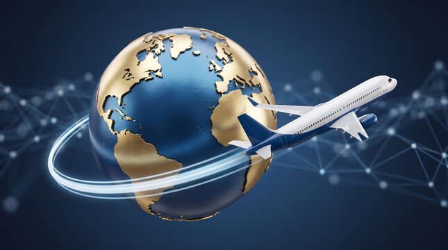3d illustration of a passenger airplane flying around a golden and blue globe with a digital network connection background