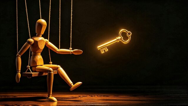 Bound Marionette Reaching for Glowing Golden Key &mdash; Desire for Freedom, Unattainable Opportunity and Liberation Concept
