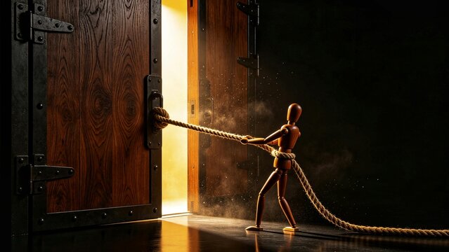 Wooden Mannequin Pulling Rope to Open Door to Golden Light &mdash; Perseverance, Struggle and New Opportunities Concept
