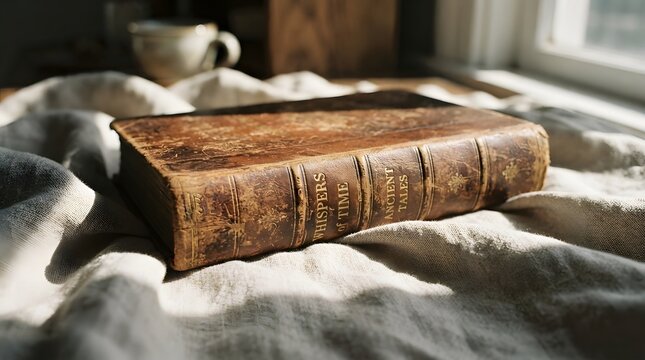 An old antique leather book resting on a soft cozy bed near a bright window