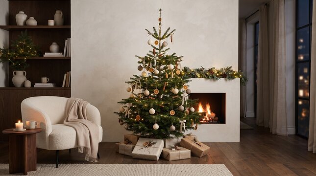 holiday tree festive fir season decor home fireplace cozy living room natural ornaments rustic tree neutral aesthetics warm lights string lights holiday garlands wrapped gifts