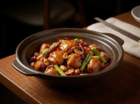 Kung pao chicken served in a black clay pot on a wooden restaurant table at night. kung pao chicken