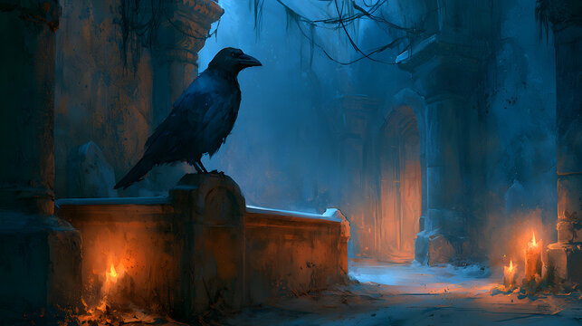Halloween wallpaper, raven perched on a gravestone inside a dusty haunted hallway, creepy candlelit ambiance, moody dark blue and orange palette, watercolor illustration style, rich moody textures
