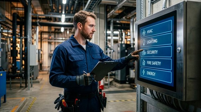 Male technician in blue uniform operating a smart building automation interface on a metal control panel inside an industrial facility, managing infrastructure and HVAC systems.