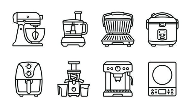 Collection of Kitchen Appliances: A set of eight distinct line art icons representing various kitchen appliances, including a stand mixer, food processor, grill, rice cooker, air fryer, juicer.
