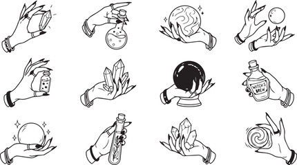 Obraz premium Witch hand collection with crystals, potions, and magic spheres