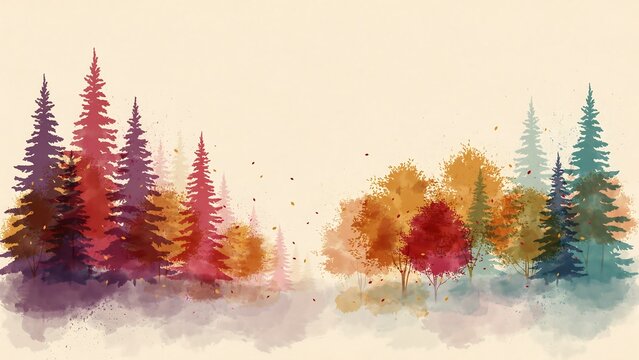 Watercolor forest landscape with pine trees and autumn foliage in soft colors