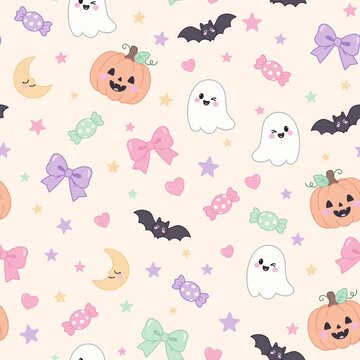 Animated Cute Pastel Halloween Seamless Pattern with Pumpkin Ghost Bat Crescent Moon Candy and Ribbon Bow on Cream Background, Diagonal Scrolling Motion