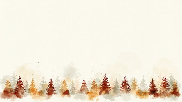 Watercolor of an autumn forest landscape with pine trees on a light beige background