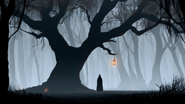 Halloween wallpaper, shadowy figure standing under a dead tree in a haunted forest, creepy candlelit ambiance, ghostly grey and white tones, comic book horror style, high resolution