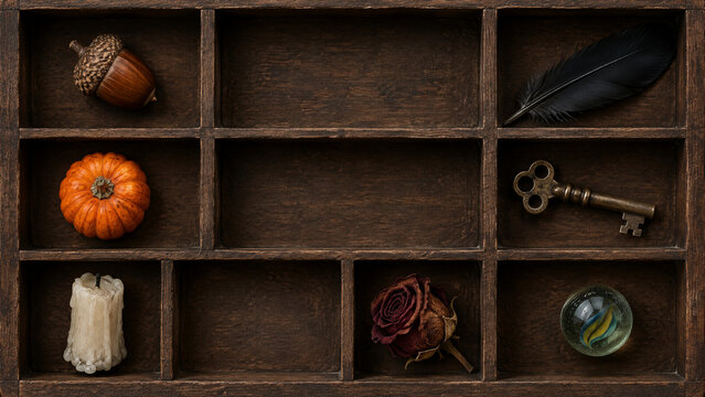 Vintage wooden shadow box with autumn curiosities, rustic printer tray holding antique key and dried rose, dark wood display case with acorn and pumpkin