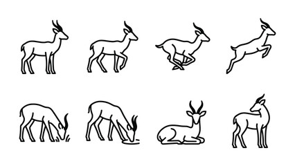 Fototapeta premium Gazelle Icon Set: A collection of minimalist line art icons depicting a gazelle in various poses and activities, such as standing, walking, running, jumping, grazing, drinking, and resting.